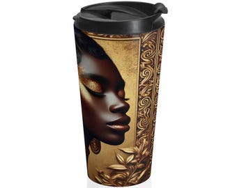 Taza de viaje de acero inoxidable con diseño de mujer afro dorada / Arte afrocéntrico, detalles florales