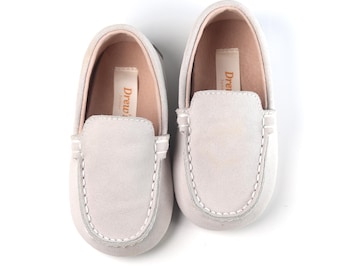 Baby Boy Suede Loafers: Beige Leather Moccasins, Christening Shoes