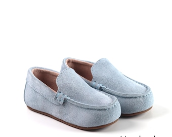 Zapatos de gamuza para bebé niño, mocasines azules para niño, zapatos de bautizo para niño, zapatos azul bebé, zapatos de boda para niño, zapatos de bautizo para niño, zapatos para el primer cumpleaños de niño