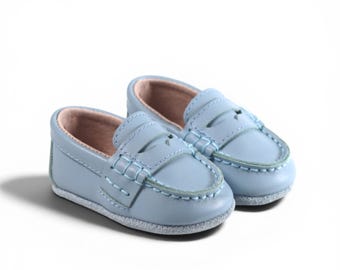 Baby Blue leather Loafers: Boys Baptism & Wedding Shoes