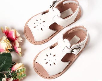 Leather Baby Girl White Sandals: Flower Girl Wedding Shoes