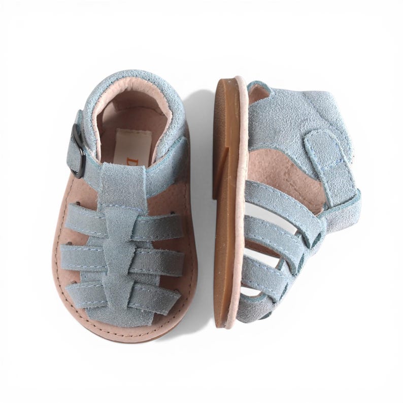 Genuine Leather Baby Sandals: Blue Suede or White - Hard Rubber Soles