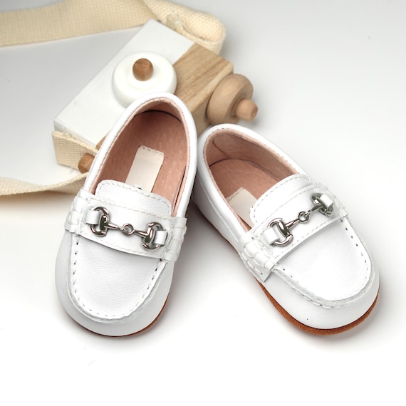 White Leather Baby Boy Loafers: Christening, Wedding, 1st Birthday