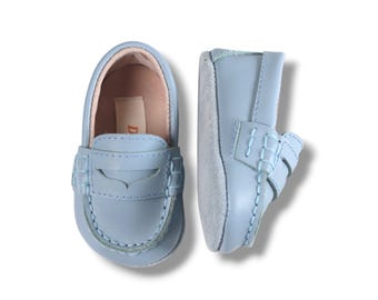 Baby Blue leather Loafers: Boys Baptism & Wedding Shoes