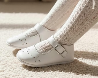 White Leather Baby Mary Jane Shoes: Baptism shoes, Satin Straps, Wedding Flats