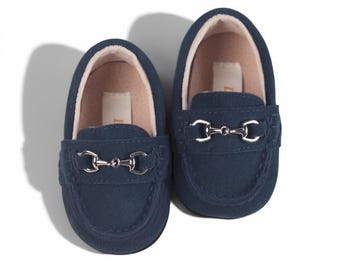 Navy Suede Baby Loafers: Horse Bit Detail, Wedding shoes, 1st birthday shoes
