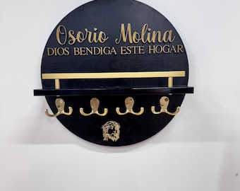 Personalized Wood Entryway Sign with Shelf & Hooks | Custom Family Name Wall Decor