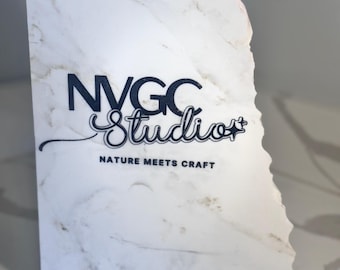 Engraved Quartz Stone Sign | Custom Logo, Rustic Modern Decor, Natural Edge