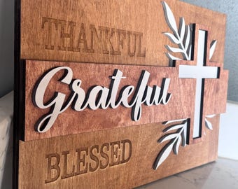 Thankful Grateful Blessed Wood Sign, Rustic Christian Home Decor