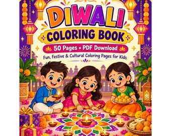 May include: A Diwali coloring book with 50 pages as a PDF download. The cover features three children in traditional attire sitting around a colorful rangoli design with lit diyas, surrounded by marigold flowers, lanterns, and gift boxes.