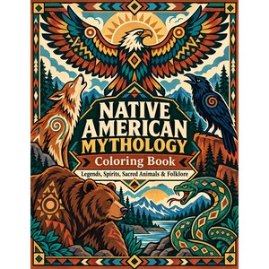 May include: A coloring book titled Native American Mythology: Legends, Spirits, Sacred Animals & Folklore. The cover features a central eagle, a howling wolf, a black raven, a brown bear, and a green snake, all set against a mountain landscape.