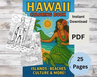 25 Hawaii Coloring Pages for Adults & Kids | Tropical Islands Volcanoes Ocean Wildlife | Printable Digital Coloring Book | Instant Download