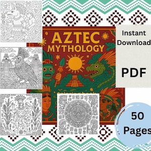 Puede incluir: Una descarga digital titulada "Mitología Azteca" con ilustraciones y el texto "Descarga instantánea PDF 50 páginas". La portada presenta ilustraciones de temática azteca con un sol, pirámide y serpiente.
