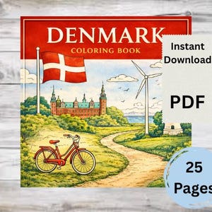 May include: A coloring book cover with the word "DENMARK" in white letters on a red background. The cover features a watercolor illustration of a Danish flag, a castle, a bicycle, and a winding path. The text "Instant Download" and "PDF" are also visible.