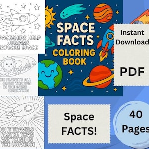 Puede incluir: Ilustración colorida para un libro para colorear con temática espacial. La portada presenta planetas, cohetes y el texto "Space Facts Coloring Book". Incluye el texto "Descarga instantánea PDF" y "40 páginas".