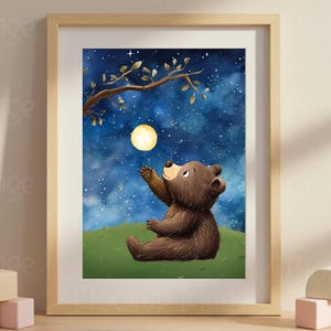 Starry Night Nursery Art, Bear Wall Art, Woodland Bear Print, Moon and Stars Art, Gender Neutral Wall Art Playroom Decor, Digital