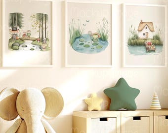 Woodland Nursery Decor, Set of 3 Prints, Woodland Frog, Forest Themed Decor, Toddler Boy Decor, Nursery Decoration, Playroom Decor, Digital