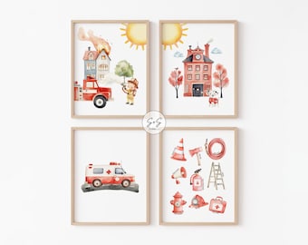 Watercolor Fire Truck Prints, Set of 4 Prints, Fire Fighter Nursery Art, Playroom Decor, Babyshower Gift Idea, Little Boy Room Decor Digital