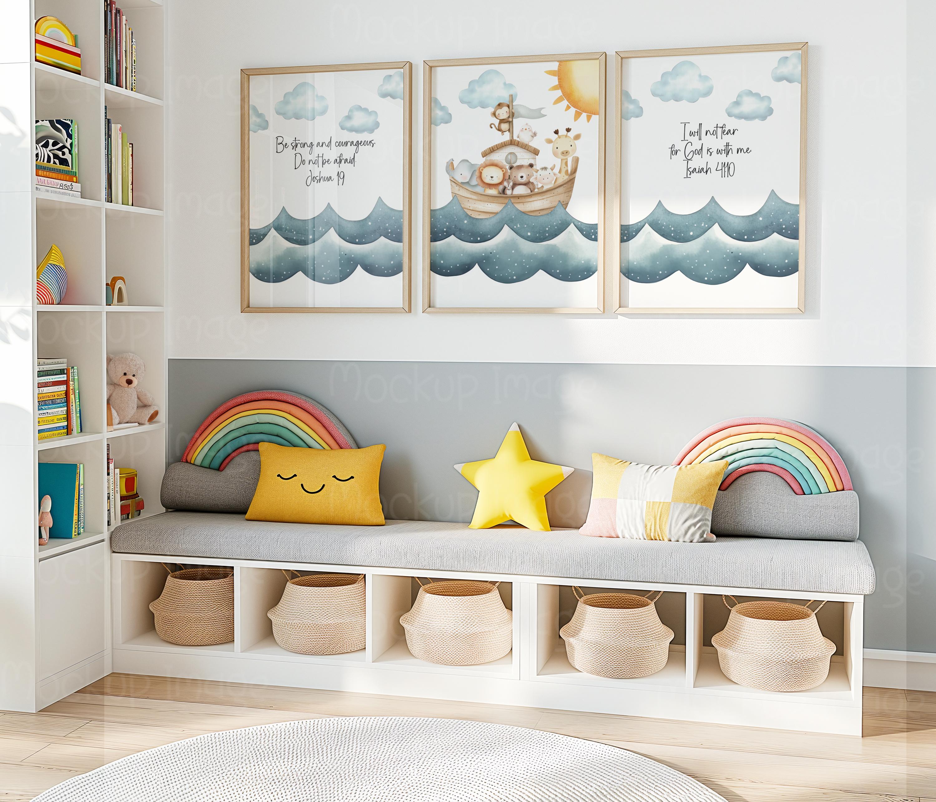 Christian Nursery Wall Art Set of 3, Noah's Ark Prints, Baby Room Decor, Bible Verse, Kids Room Decoration, Playroom Decoration, Digital Art