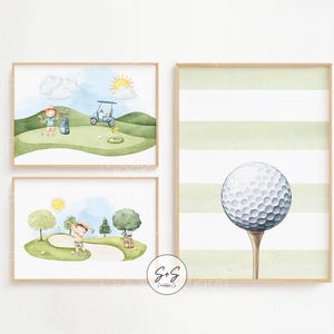 Akwarelowa sztuka golfowa - zestaw 3 wydruków, wystrój pokoju dziecięcego z motywem golfa, sztuka ścienna do pokoju zabaw, sztuka ścienna do druku