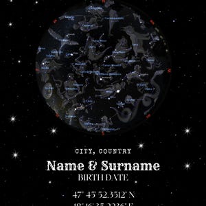 Mapa estelar personalizado con constelaciones / Impresión personalizada del cielo nocturno / Lugar de nacimiento y coordenadas / Regalo celestial para cualquier ocasión