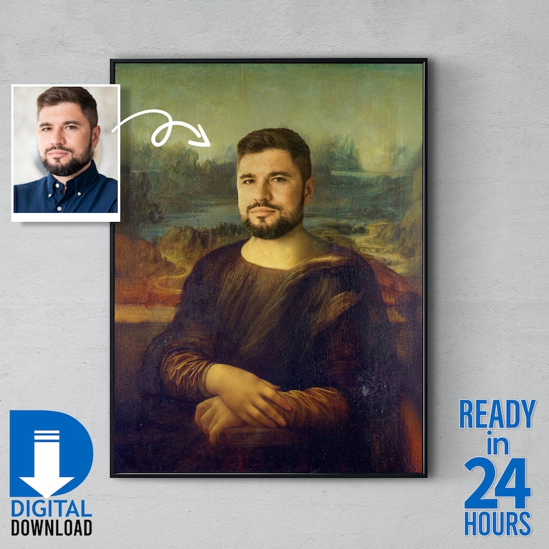 May include: A digital download of a personalized portrait in the style of the Mona Lisa painting. The portrait features a man with a beard and brown hair. The background is a landscape with a river and mountains. The text "READY in 24 HOURS" is in the bottom right corner of the image.