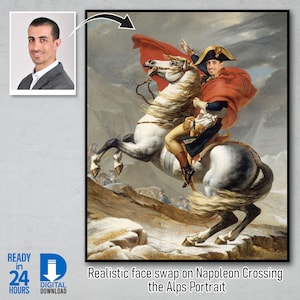 Personlig Napoleon korsar Alperna ansiktsbyte, Napoleonporträtt, historisk målning ansiktsbyte, kungligt porträtt, personlig present