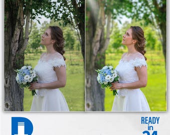 May include: A woman in a white lace wedding dress holds a bouquet of blue and white flowers. The image shows a before and after photo, with the text "Before" and "After" at the top. The bottom of the image has the text "DIGITAL DOWNLOAD" and "READY in 24 HOURS".