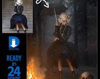 May include: A woman in a black Victorian dress and boots holds a black umbrella with a gold handle. She stands in a forest with a fire and a skull. The image includes the text "DIGITAL READY in 24 HOURS".