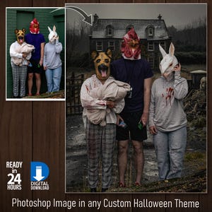 Puede incluir: Imagen digital de Photoshop con tres personas con máscaras de animales: un perro, un gallo y un conejo. La imagen tiene un tema de Halloween, con salpicaduras de sangre en la ropa. El texto "READY IN 24 HOURS" y "DIGITAL DOWNLOAD" también son visibles.