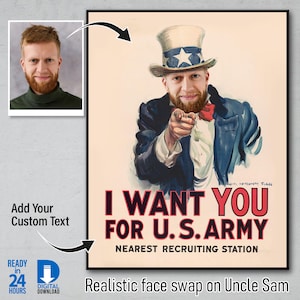 Personalized Uncle Sam Face Swapping, US Army Portrait, Face Swap Uncle Sam Poster, Patriotic Gift For Dad, Christmas Patriotic Portrait