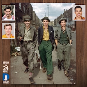 Può includere: Immagine migliorata digitalmente di tre persone che camminano per strada, vestite con abiti vintage. L'immagine include un cane. Il testo "READY IN 24 HOURS" e "DIGITAL DOWNLOAD" è visibile nell'angolo in basso a sinistra.