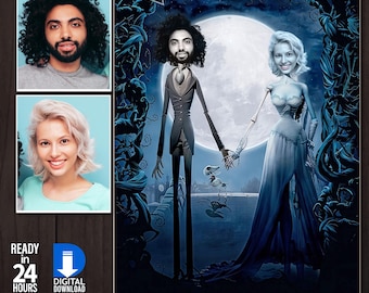 May include: Digital artwork featuring a man and woman in a Tim Burton-esque style, holding hands in front of a full moon. The artwork is set against a dark, gothic background with the text "Photoshop Image in any Custom Theme Realistic".