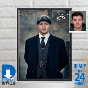 May include: A framed portrait of a man in a dark suit, vest, and cap. The image includes a smaller inset portrait. Text on the frame reads "DIGITAL DOWNLOAD" and "READY in 24 HOURS".