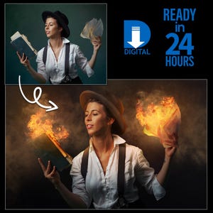 May include: A woman in a white shirt, black suspenders, and a hat holds a burning book and paper. The image has a digital design element with the text "READY in 24 HOURS" and a digital download icon.