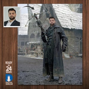 Könnte beinhalten: Digitaler Download eines Bildes mit einem Mann in einem schwarzen Ledermantel, der eine Armbrust hält, vor einer mittelalterlichen Fantasy-Kulisse. Der Text "READY in 24 HOURS DIGITAL DOWNLOAD" ist sichtbar.