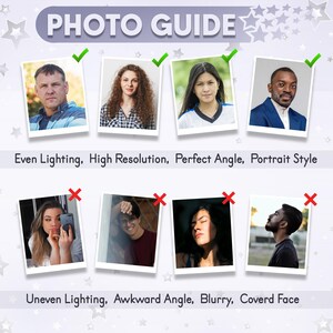 May include: A photo guide showing examples of good and bad photos for a profile picture. The top row shows four examples of good photos with even lighting, high resolution, perfect angle, and portrait style. The bottom row shows four examples of bad photos with uneven lighting, awkward angle, blurry, and covered face.
