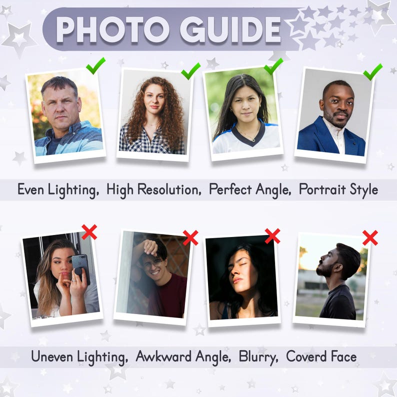 May include: A photo guide showing examples of good and bad photos for a profile picture. The top row shows four examples of good photos with even lighting, high resolution, perfect angle, and portrait style. The bottom row shows four examples of bad photos with uneven lighting, awkward angle, blurry, and covered face.