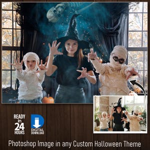May include: A Halloween-themed digital image featuring a woman and two children dressed in costumes. The woman wears a witch hat and black shirt, while the children are in mummy costumes. The image includes text that reads "READY IN 24 HOURS DIGITAL DOWNLOAD".