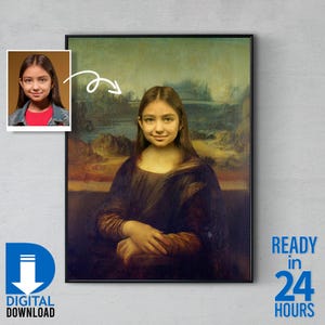 May include: A digital painting of a young person in the style of the Mona Lisa. The painting is in a black frame and has a landscape background.