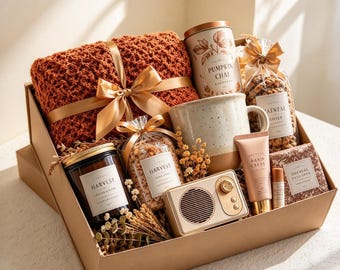 May include: A gift box containing a burnt orange knit blanket with a gold ribbon, a Pumpkin Chai tin, a speckled ceramic mug, a bag of oatmeal honey snacks, a Harvest candle, a small radio, hand cream, lip balm, and a box of oatmeal soap.