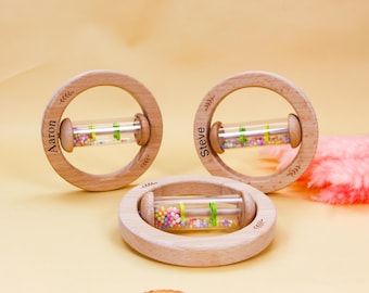 Personalized Wooden Baby Rattle: Custom Engraved Sensory Toy
