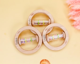Personalized Wooden Baby Rattle: Custom Engraved Sensory Toy