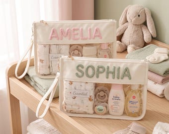 Personalised Baby Pouch Bag,Custom Diaper Organizer, Name Clear Pouch,Baby Organizer Pouch,Nursery Organizer, Newborn Arrival Gift,