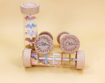 Personalized Wooden Baby Rattle: Custom Sensory Toy, Newborn Gift