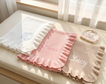 Personalisierte Babydecke, Rüschen-Babydecke, Baby-Puckdecke, individuell gestrickte Decke, Babydecke mit Namensstickerei, Geschenk für die Baby-Wunschliste