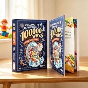 May include: A hardcover book titled "Building the Ultimate Brain 100000 Whys" is open on a wooden surface. The cover is dark blue with colorful illustrations and text. The book is designed for kids and focuses on fun and joyful science.