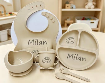 Set de alimentación para bebé con nombre personalizado / Kit de destete de silicona premium / Regalo ideal para bebés