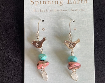 Orecchini per uccelli in argento sterling e turchese