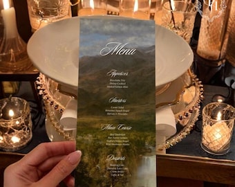 Modelo de Cardápio de Casamento Editável, Cardápio de Jantar com Paisagem Natural para Imprimir, Casamento Elegante, Minimalista e Luxuoso, Modelo do Canva
